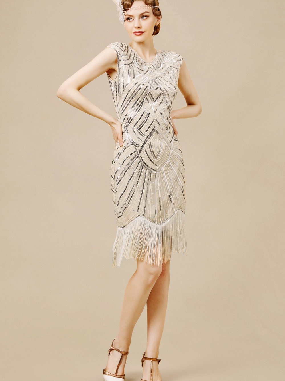 ELEGANT Babeyond/ Beaded Fringe Cocktail Dress in Cream/ L/ Ptp-18-19” - Picture 2 of 6